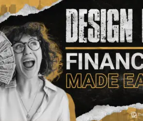 Excited design entrepreneur holding fan of U.S. dollar bills with bold text saying “Design Biz Finances Made Easy.”