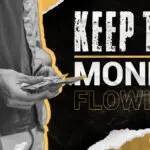 Close-up of a design entrepreneur holding a stack of money with text overlay “Keep the Money Flowing.”