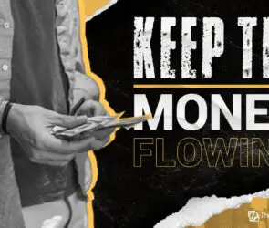 Close-up of a design entrepreneur holding a stack of money with text overlay “Keep the Money Flowing.”
