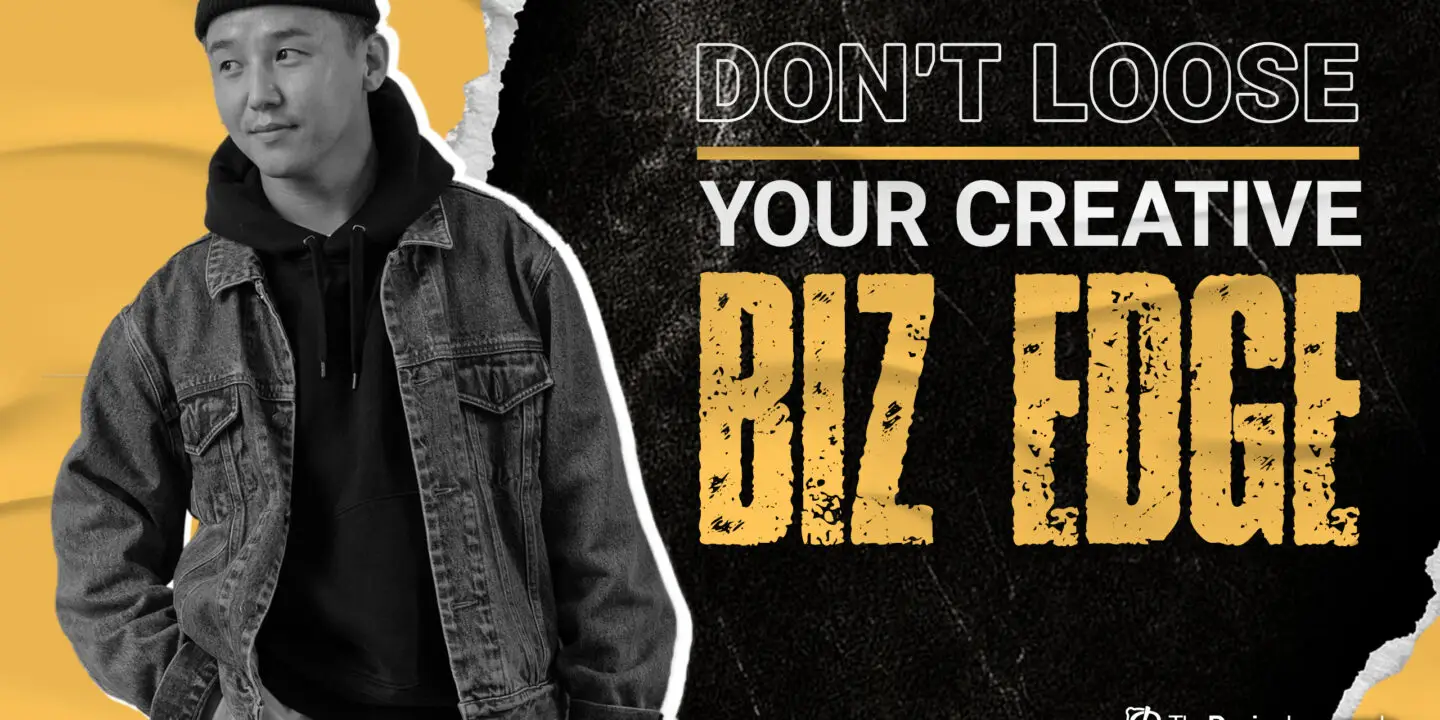 Young design entrepreneur in a denim jacket and hoodie standing confidently next to bold text that reads “Don’t Lose Your Creative Biz Edge” with The DesignLemonade branding.