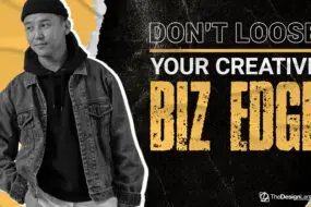 Young design entrepreneur in a denim jacket and hoodie standing confidently next to bold text that reads “Don’t Lose Your Creative Biz Edge” with The DesignLemonade branding.