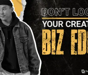 Young design entrepreneur in a denim jacket and hoodie standing confidently next to bold text that reads “Don’t Lose Your Creative Biz Edge” with The DesignLemonade branding.