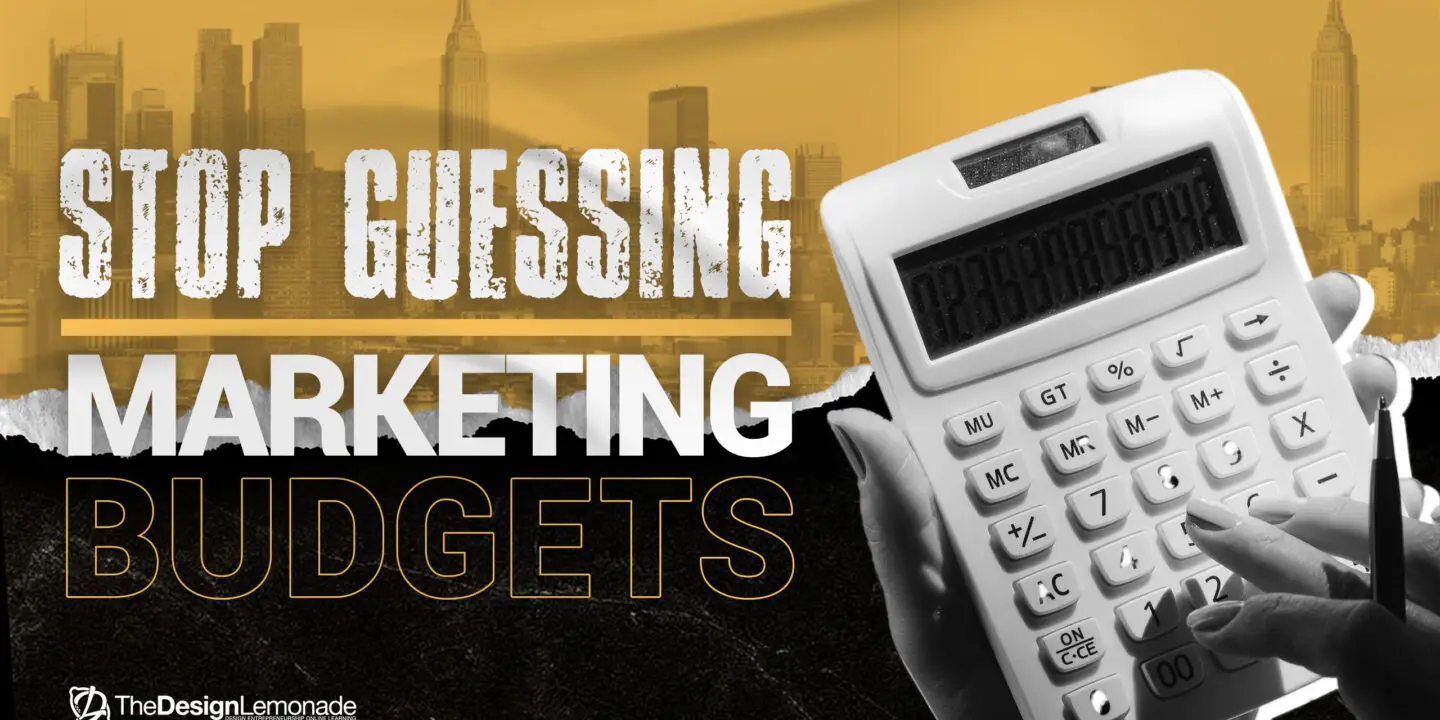 Close-up of hands using a calculator with bold text "Stop Guessing Marketing Budgets" on a yellow and black city-themed background, promoting smarter financial planning for design businesses.