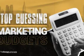 Close-up of hands using a calculator with bold text "Stop Guessing Marketing Budgets" on a yellow and black city-themed background, promoting smarter financial planning for design businesses.