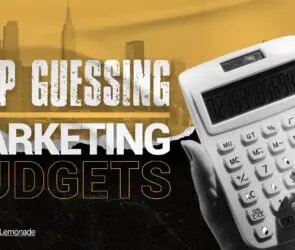 Close-up of hands using a calculator with bold text "Stop Guessing Marketing Budgets" on a yellow and black city-themed background, promoting smarter financial planning for design businesses.