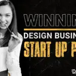 Confident female design entrepreneur holding a notebook and pencil, paired with bold text promoting a winning design business startup plan for design entrepreneurs.