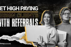 Two creative design professionals collaborating and networking to attract high-paying design clients through referrals, symbolizing relationship-based client growth.