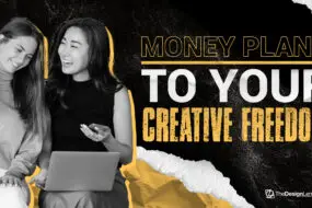 Two design entrepreneurs discussing financial planning strategies while using a laptop and smartphone, symbolizing smart money management for design businesses.