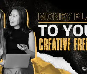 Two design entrepreneurs discussing financial planning strategies while using a laptop and smartphone, symbolizing smart money management for design businesses.