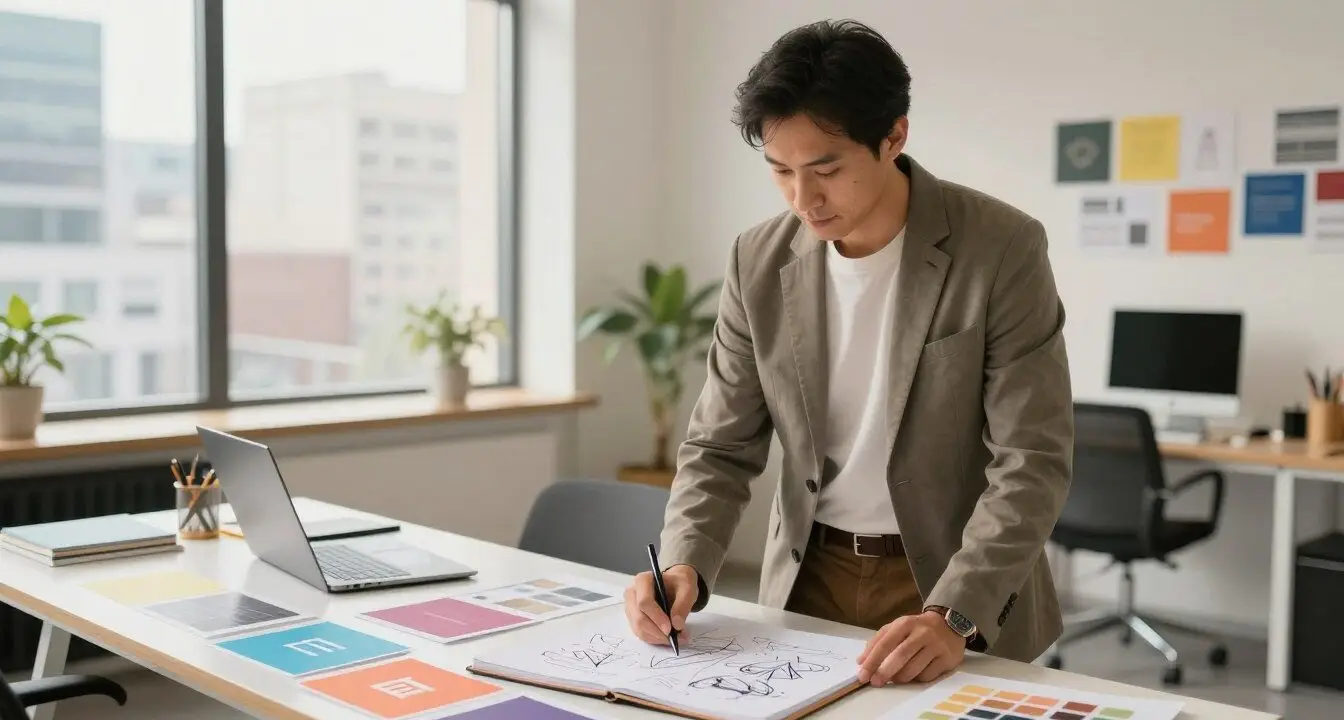Design entrepreneur sketching brand concepts and reviewing color palettes in a modern office to develop a strong visual identity strategy.
