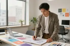 Design entrepreneur sketching brand concepts and reviewing color palettes in a modern office to develop a strong visual identity strategy.