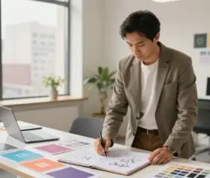 Design entrepreneur sketching brand concepts and reviewing color palettes in a modern office to develop a strong visual identity strategy.