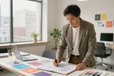 Design entrepreneur sketching brand concepts and reviewing color palettes in a modern office to develop a strong visual identity strategy.