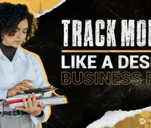 Female design entrepreneur reviewing income and expense records on a digital tablet, representing smart financial tracking for design business success.