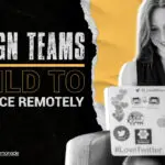 Smiling designer working remotely on a laptop covered with stickers, representing creative collaboration and remote design team productivity.