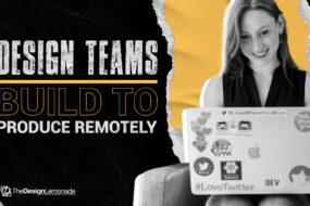 Smiling designer working remotely on a laptop covered with stickers, representing creative collaboration and remote design team productivity.