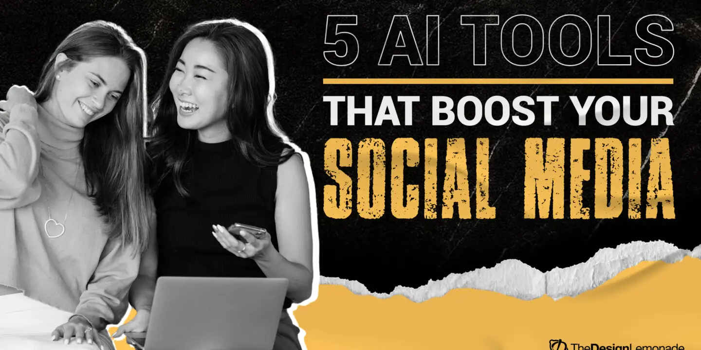 Two design entrepreneurs collaborating on a laptop and smartphone, representing the use of AI tools to boost social media strategy for design businesses.