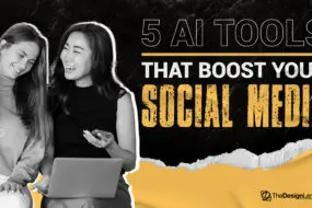 Two design entrepreneurs collaborating on a laptop and smartphone, representing the use of AI tools to boost social media strategy for design businesses.