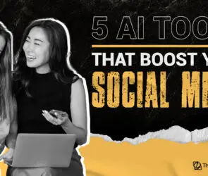 Two design entrepreneurs collaborating on a laptop and smartphone, representing the use of AI tools to boost social media strategy for design businesses.