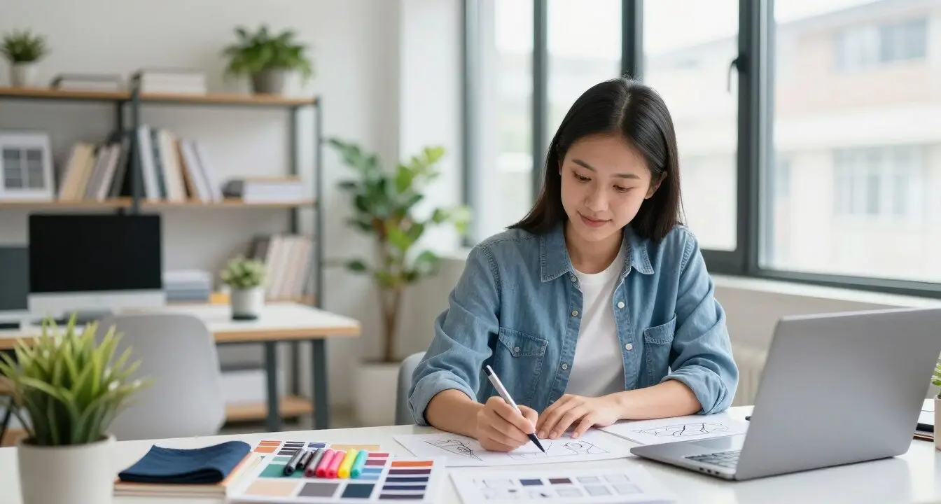 Creative designer working on sketches and color palettes in a modern studio, symbolizing how to turn creative passion into a profitable design business.