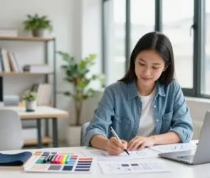 Creative designer working on sketches and color palettes in a modern studio, symbolizing how to turn creative passion into a profitable design business.