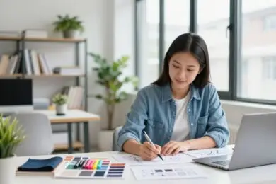 Creative designer working on sketches and color palettes in a modern studio, symbolizing how to turn creative passion into a profitable design business.