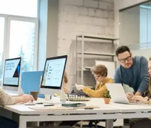 Creative team working together in a modern office on a design project