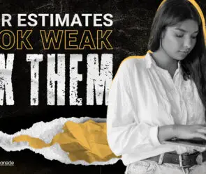Graphic reading “Your Estimates Look Weak – Fix Them” featuring a freelance designer working on a laptop against a black and yellow background.