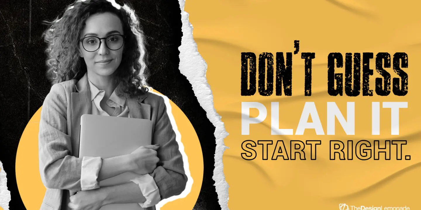 Smiling creative professional sitting at a desk with the motivational phrase “Set Goals Like an Owner,” representing a mindset shift for design entrepreneurs to build and scale successful design businesses.