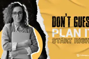 Smiling creative professional sitting at a desk with the motivational phrase “Set Goals Like an Owner,” representing a mindset shift for design entrepreneurs to build and scale successful design businesses.