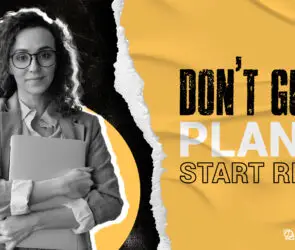 Smiling creative professional sitting at a desk with the motivational phrase “Set Goals Like an Owner,” representing a mindset shift for design entrepreneurs to build and scale successful design businesses.