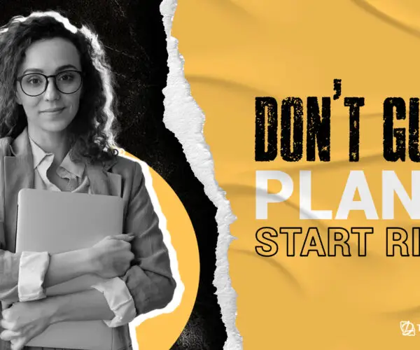 Smiling creative professional sitting at a desk with the motivational phrase “Set Goals Like an Owner,” representing a mindset shift for design entrepreneurs to build and scale successful design businesses.