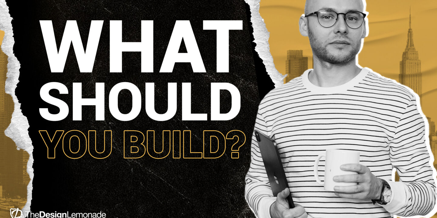 Designer holding tablet and coffee next to text asking what business to build.