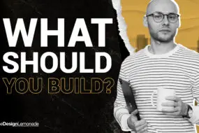 Designer holding tablet and coffee next to text asking what business to build.