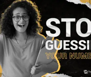 Graphic reading “Stop Guessing Your Numbers” with designer holding tablet.