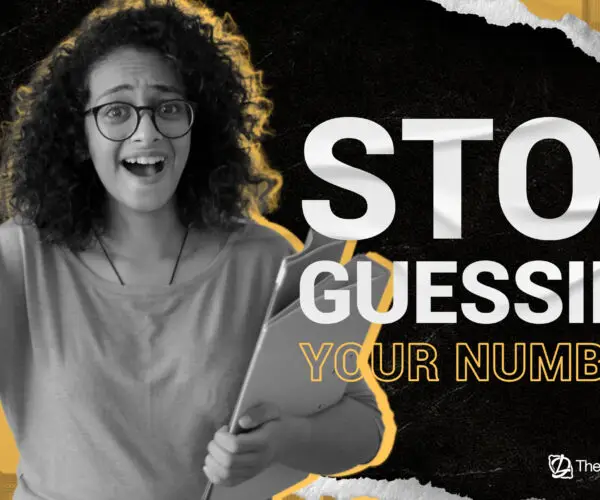 Graphic reading “Stop Guessing Your Numbers” with designer holding tablet.