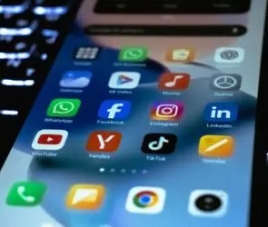 Smartphone displaying social media marketing apps.