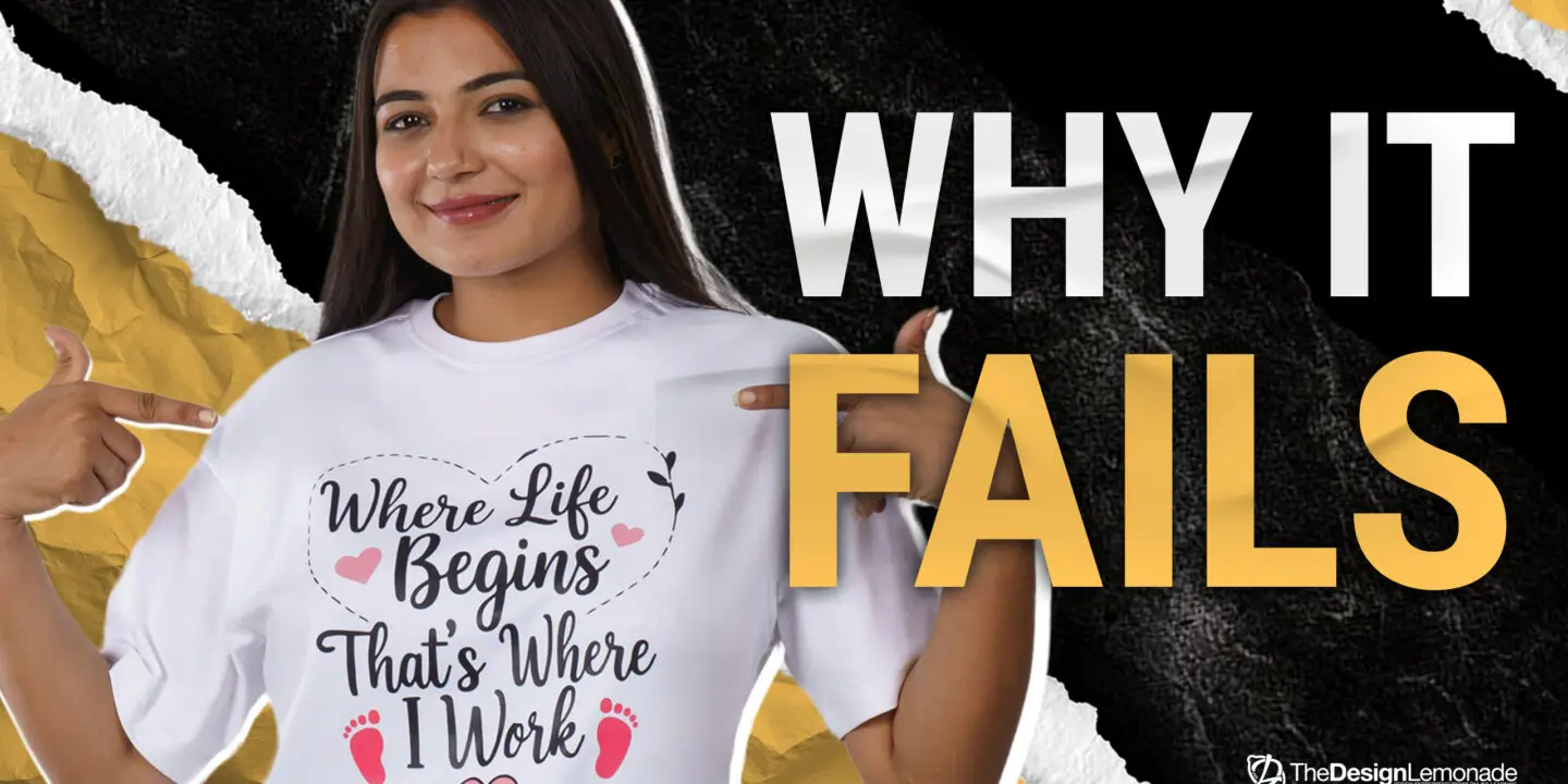 Designer wearing custom typography t-shirt highlighting print-on-demand product example with text “Why It Fails.”