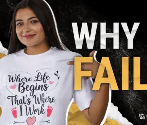 Designer wearing custom typography t-shirt highlighting print-on-demand product example with text “Why It Fails.”