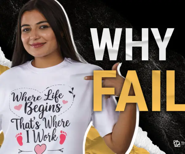 Designer wearing custom typography t-shirt highlighting print-on-demand product example with text “Why It Fails.”